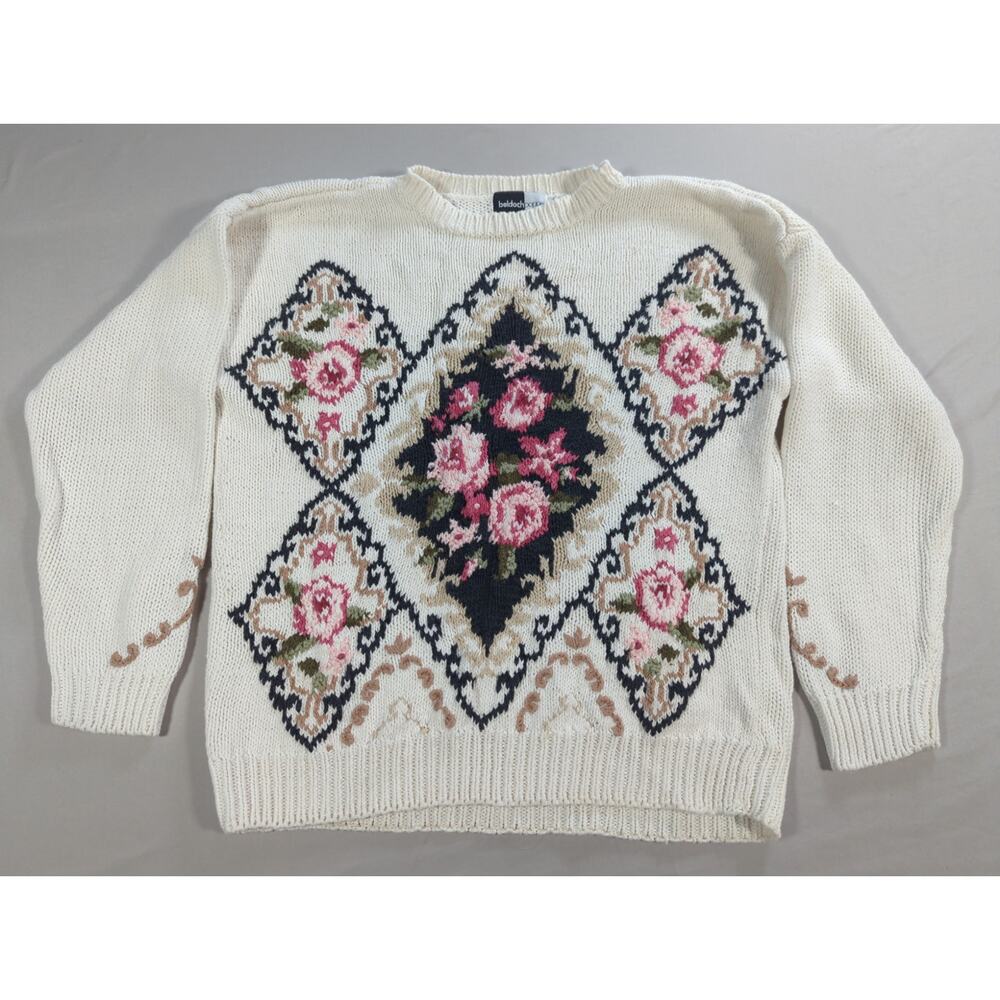 Vintage Beldoch Popper Sweater S Floral Knit Ramie Cotton Cottagecore 80s